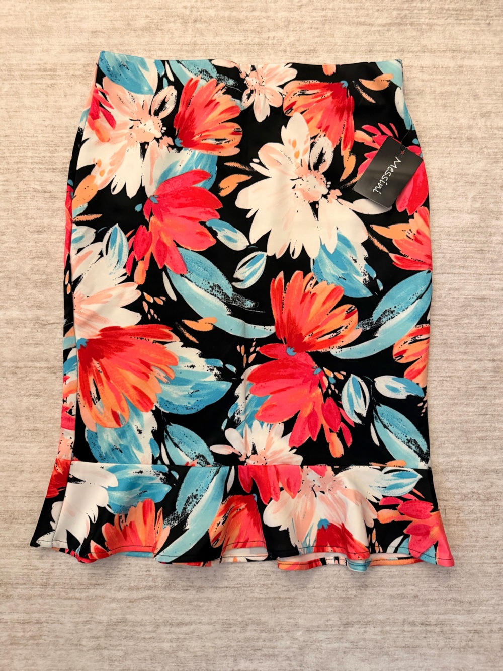 messini Floral Pencil Skirt with Ruffle Hem - Black with Coral & Teal Blooms